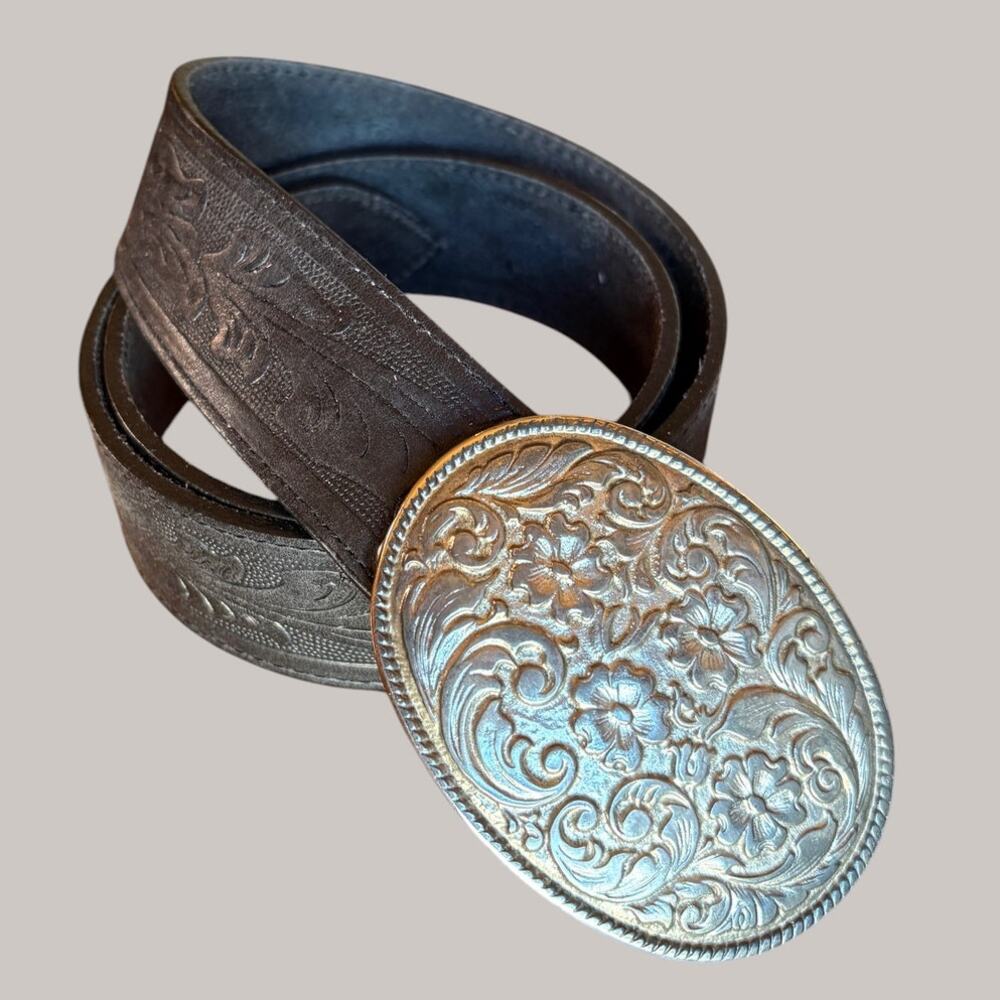 Vintage Tooled Leather Western Style Belt w Etched Floral Oval Buckle size 30-34